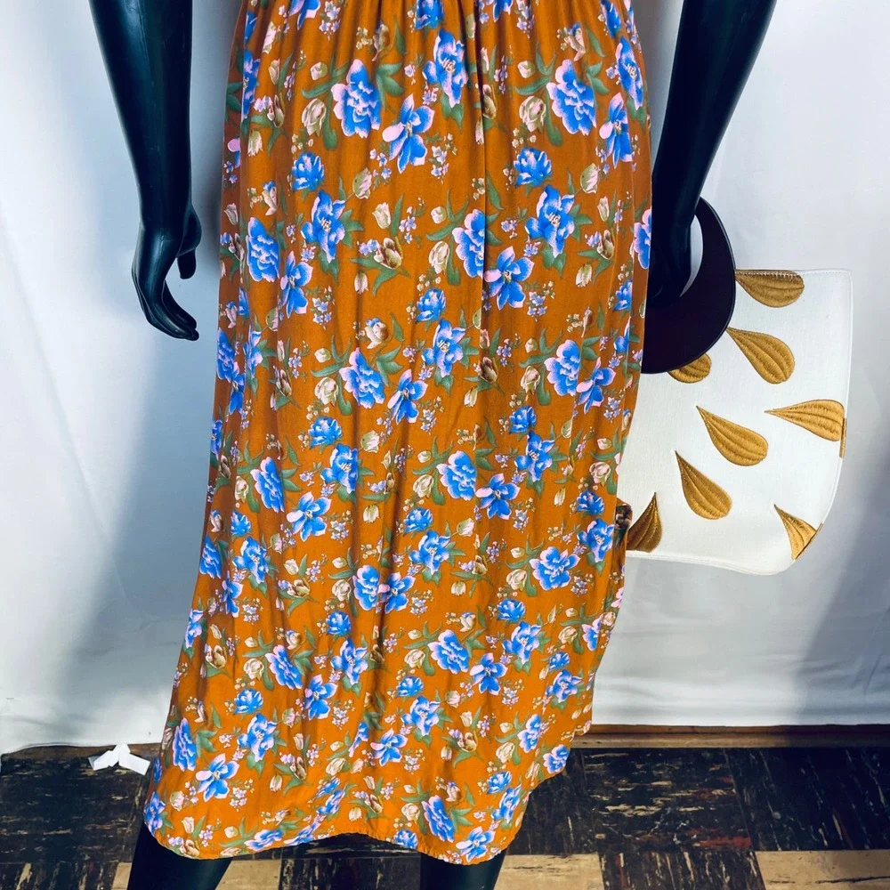 NATURAL LIFE Rust Floral Midi Dress with Blue Accents